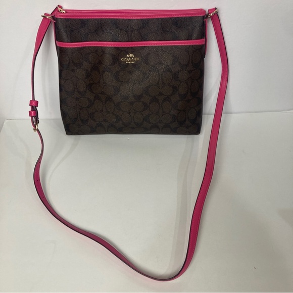 Coach Signature Print File Bag - Crossbody Dark Brown w/ Fuchsia Leather Piping - Picture 4 of 15